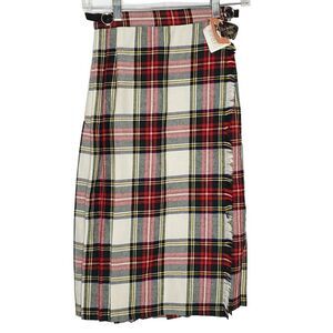 Vintage Girls Pleated Plaid Wrap Skirt M 8 10 Wool Red Green Stewart Tartan